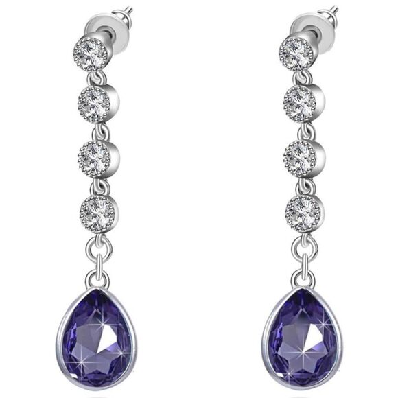 14K White Gold with Purple Tanzanite and Diamond Swarovski Crystal Post Earrings - Picture 1 of 5